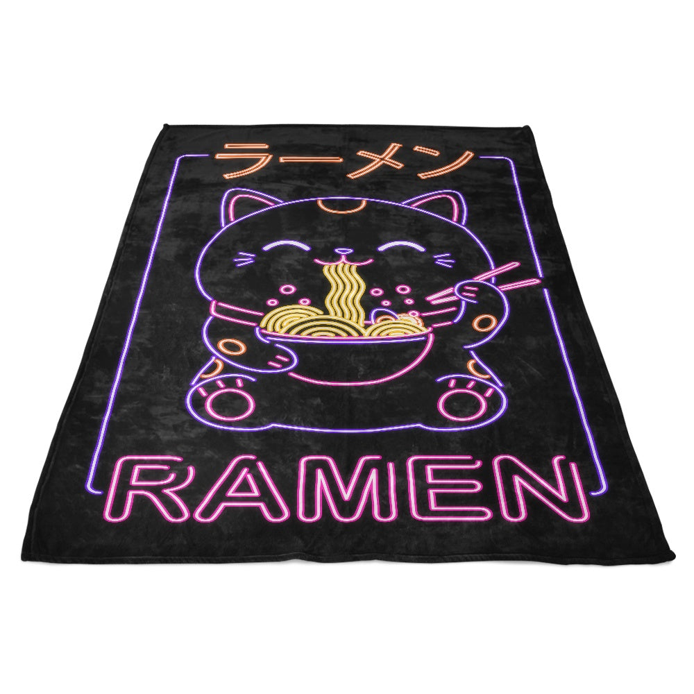 Fleece Blanket - Neon Cat Ramen Design by Donnie Illustrations