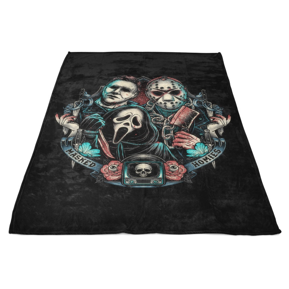 Fleece Blanket Featuring Masked Homies by Glitchygorilla